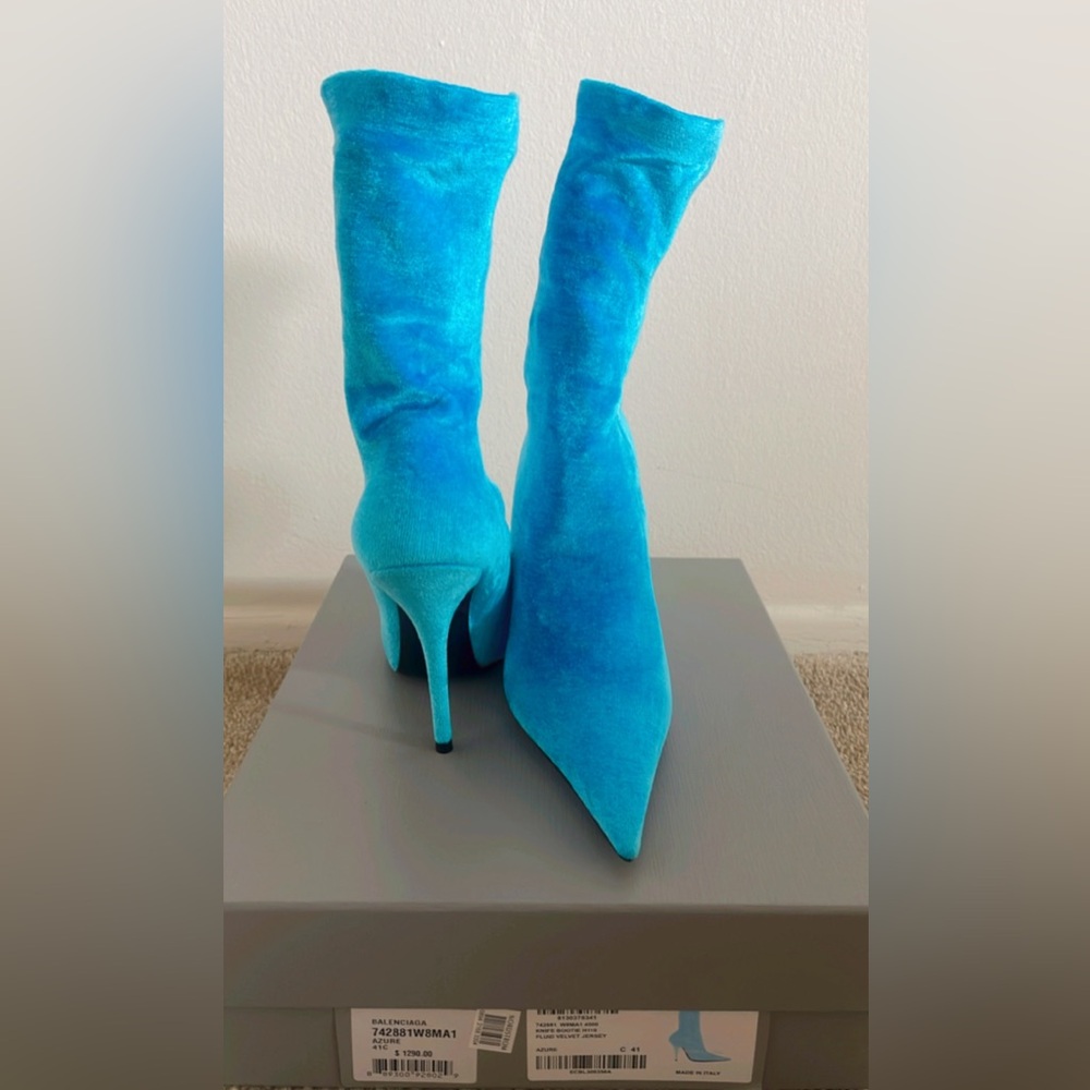 Teal Balenciaga knife boot.